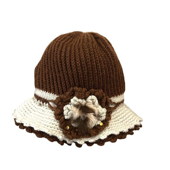 Handmade Crochet Cloche Hat Brown Cream Faux Fur Flower Retro Cottagecore - Picture 2 of 8